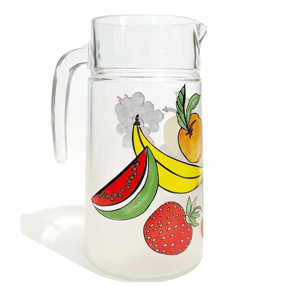 Vintage 1980s Fruit Frosted Glass Pitcher Jug Made France Water Lemonade Summer